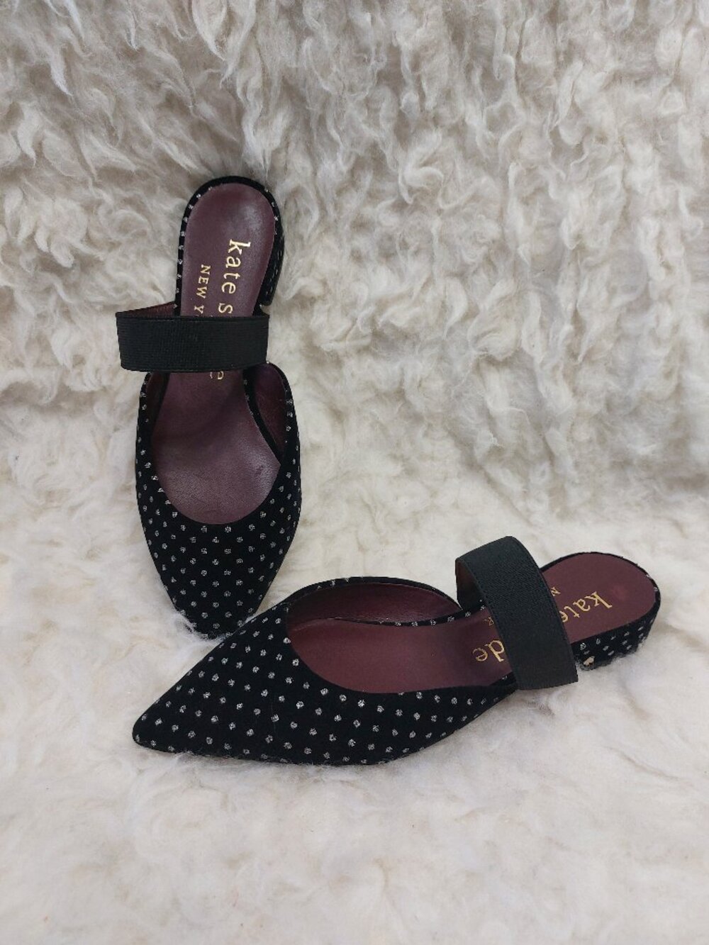 Kate Spade New York Pointed Toe Flat Shoes Black Polka Dot Velvet US 7.5B